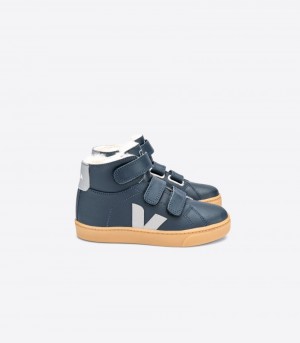 Veja Esplar Mid Fured Leren Sneakers Kinderen Donkerblauw Blauw Grijs | RSY-7324