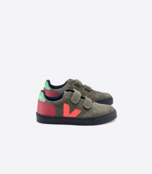 Veja Vstore V-12 Suede Sneakers Kinderen Olijfgroen Zwart Rood | NLH-4166