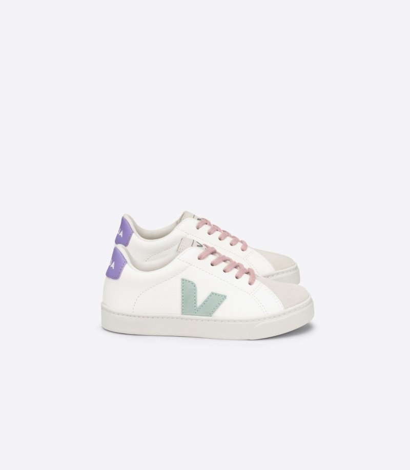 Veja Esplar Laces Chromefree Leren Sneakers Kinderen Wit Lichtgroen Paars | DYZ-7823