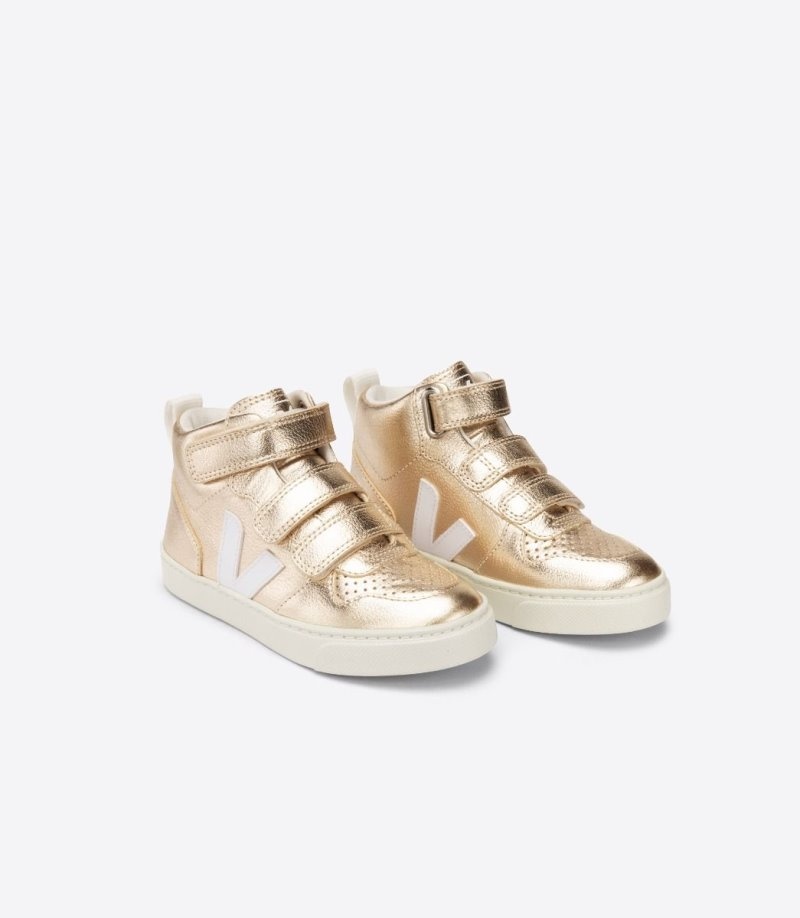 Veja V-10 Mid Chromefree Leren Sneakers Kinderen Goud Wit | OIU-1317