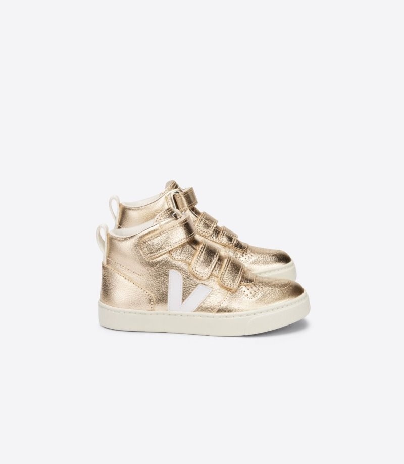 Veja V-10 Mid Chromefree Leren Sneakers Kinderen Goud Wit | OIU-1317