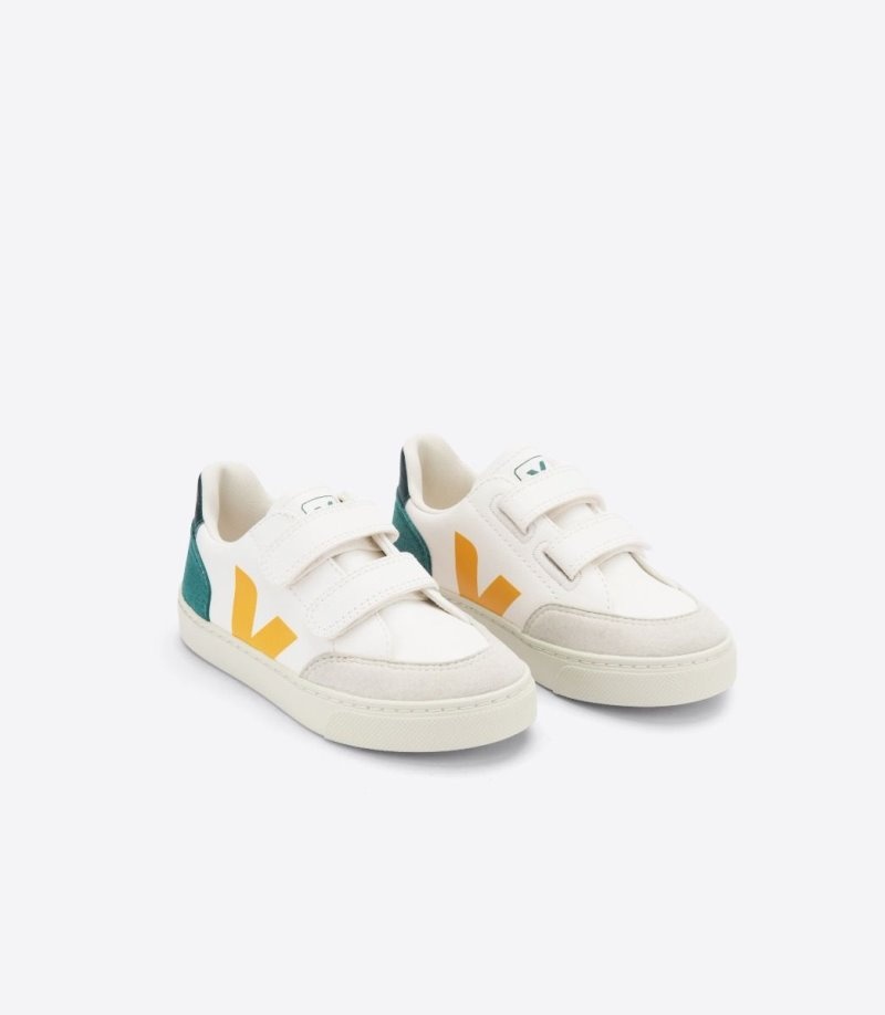 Veja V-12 Chromefree Leren Sneakers Kinderen Wit Groen Geel | FLU-7541