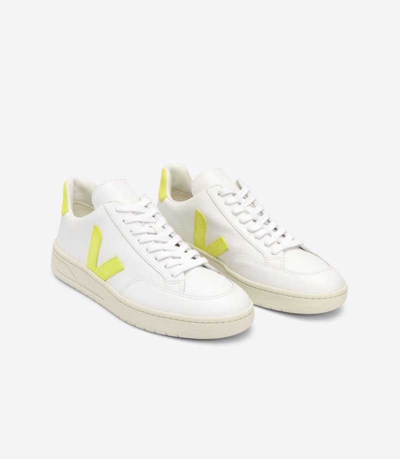 Veja V-12 Leren Sneakers Dames Wit Geel | KVXTPM