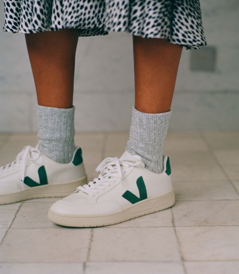 Veja V-12 Leren Sneakers Dames Wit Groen | H3OF8B